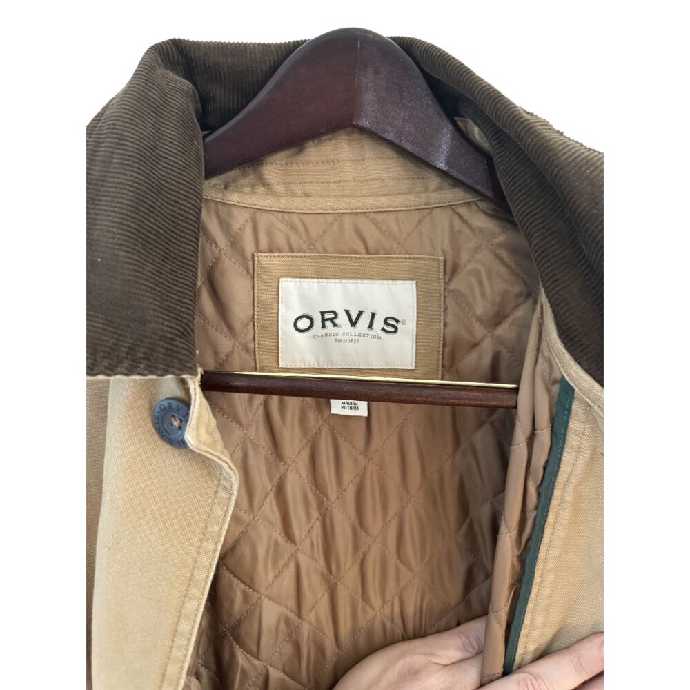 Orvis Mens Quilted Tan barn Field Jacket With Corduroy Collar Button Pockets XL - Picture 3 of 6